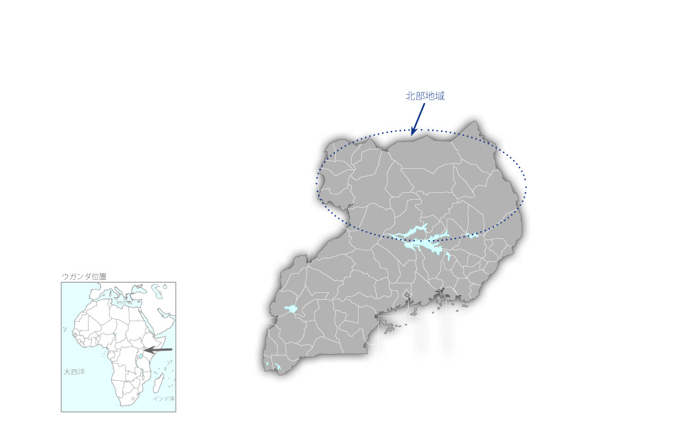 北部ウガンダ生計向上支援プロジェクトの協力地域の地図
