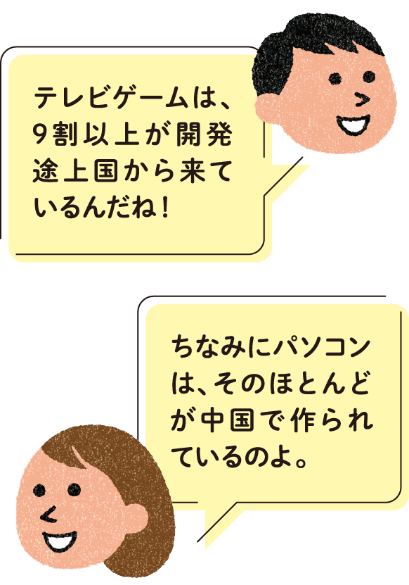 テレビゲームは、9割以上が開発途上国から来ているんだね！ ちなみにパソコンは、そのほとんどが中国で作られているのよ。