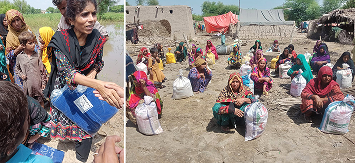 A local NPO member, distributing emergency relief supplies to affected Female Home-Based Workers and women receiving emergency relief supplies.
