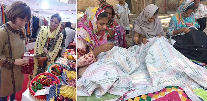 An exhibition and sale of handicrafts held in Karachi and female participants in the project working on their handicrafts.