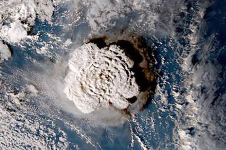 A satellite captured a photo of the Hunga Tonga–Hunga Haʻapai Volcano eruption of January 15, 2022.