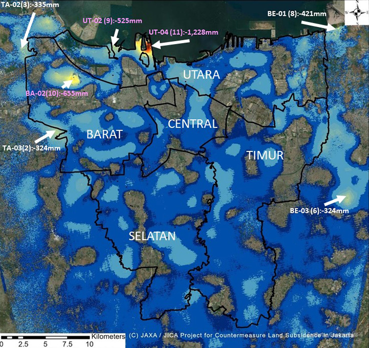 Analysis of Daichi’s image data showing the distribution and magnitude of subsidence in Jakarta. 