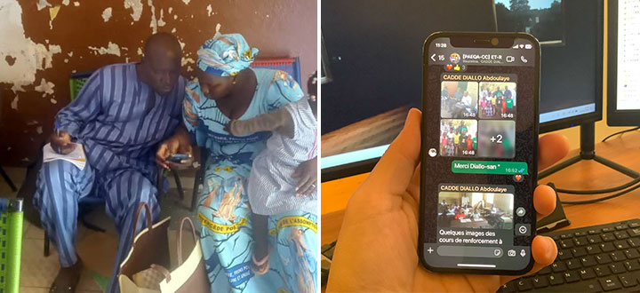 Left: Parents answering an online survey on a smartphone; Right: Project members’ chat screen