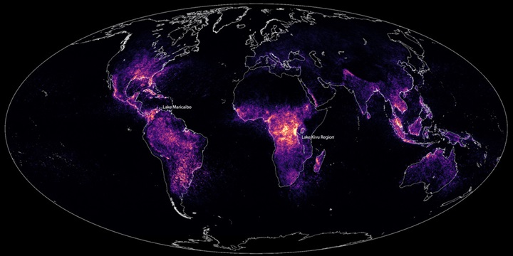Photo:A map of lightning strike prevalence around the world, showing high prevalence in equatorial Africa, including Rwanda. Image Credit: NASA Earth Observatory image by Lauren Dauphin, using data from Peterson, et al. (2021, unmodified). Source: NASA SVS | A New Look at Earth’s Lightning