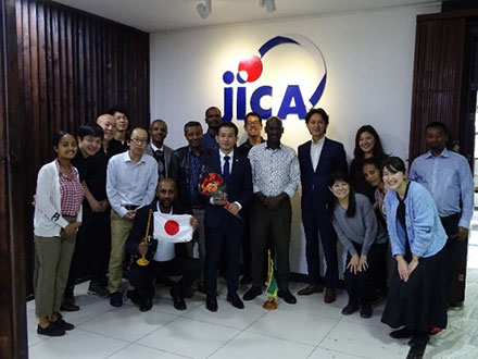 Mr. Toshiki with a few members of the JICA Ethiopia Office staff who greeted him warmly.
