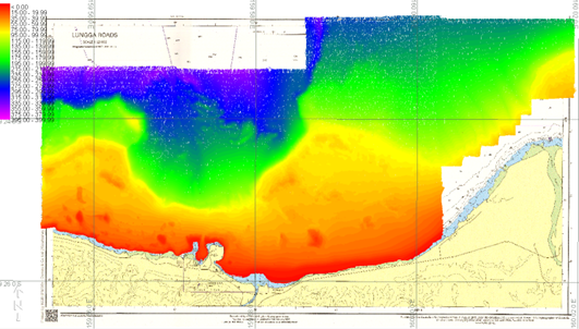 Figure 2. Sea bottom profile of Honiara obtained by the hydrographic survey in the Project. The Project succeeded in surveying the Honiara Sea area at an unprecedentedly high quality.