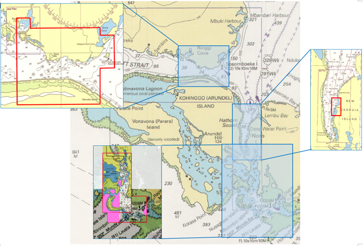 Figure 1. Project survey areas (shown in red) in Noro and adjacent sea area.