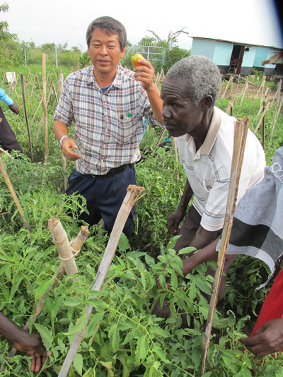 A Japanese expert and local farmers near Juba