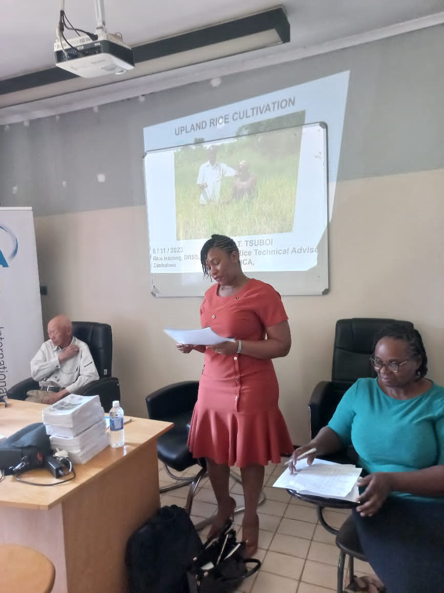 ARID Deputy Director of Livestock Research,  Ms. Nyasha Rugweta giving remarks  at the rice training workshop