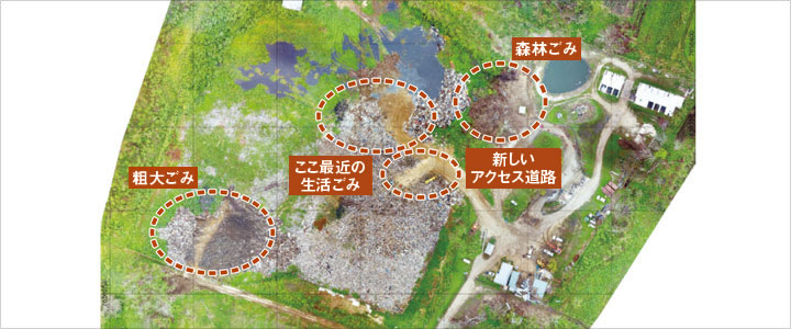 サイクロン「ジータ」の後、災害廃棄物が大量に運び込まれたタプヒア処分場。アクセス道路が新設され、ごみの種類によって廃棄場所が区分けされている
