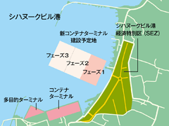 シハヌークビル港では、コンテナターミナルと多目的ターミナルに加えて新コンテナターミナルの整備も進められている。