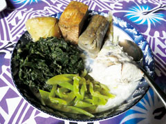 先祖の伝える健康食へ。栄養改善の指導では、栄養価が高くバランスのいい伝統料理の復活を促す。野菜、イモ類、魚などをココナツミルクで調理する。