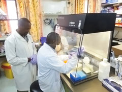 ナイロビにある長崎大学のケニア拠点にて、ケニア中央医学研究所（KEMRI）への新型コロナウイルス検査試薬の供給と、KEMRIスタッフへのリアルタイムRT-PCR（検査方法）の研修の様子。