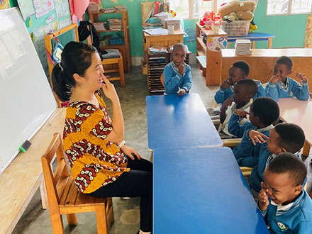 A lower-grade class being taught with hands-on activities.