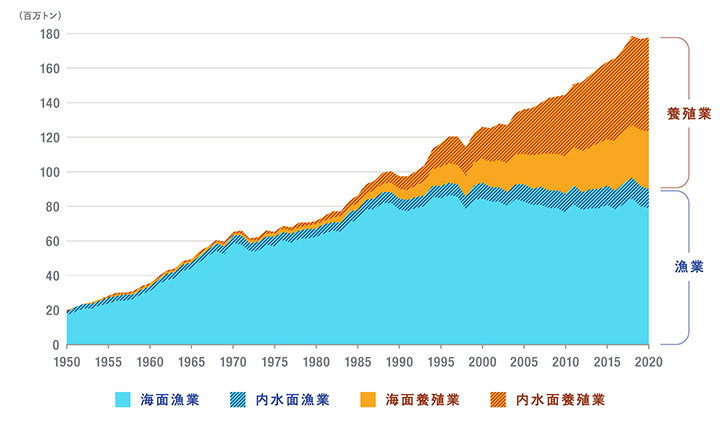 世界の漁業と養殖業の生産量の推移グラフ