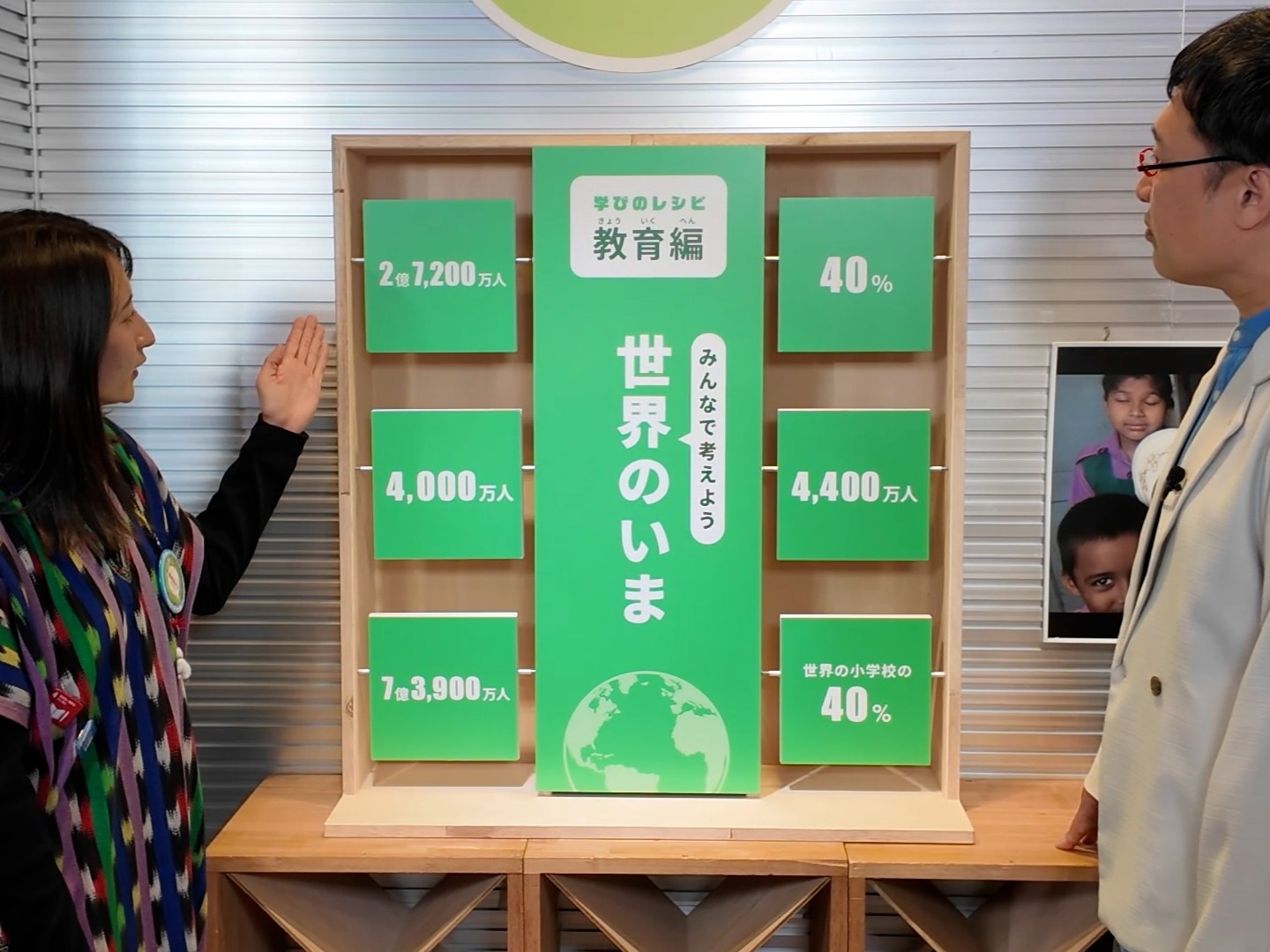 教育に関する数字が並ぶパネルの前に立つ山里さんと三國案内人