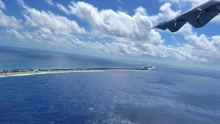 Photo:Fongafale Island, where Tuvalu's capital Funafuti is located. As an atoll nation, its low-lying, narrow terrain is highly susceptible to coastal erosion and high waves.