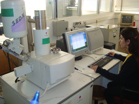走査型電子顕微鏡及び蛍光X線分析装置で検査結果を検索しているヨルダン人技師。