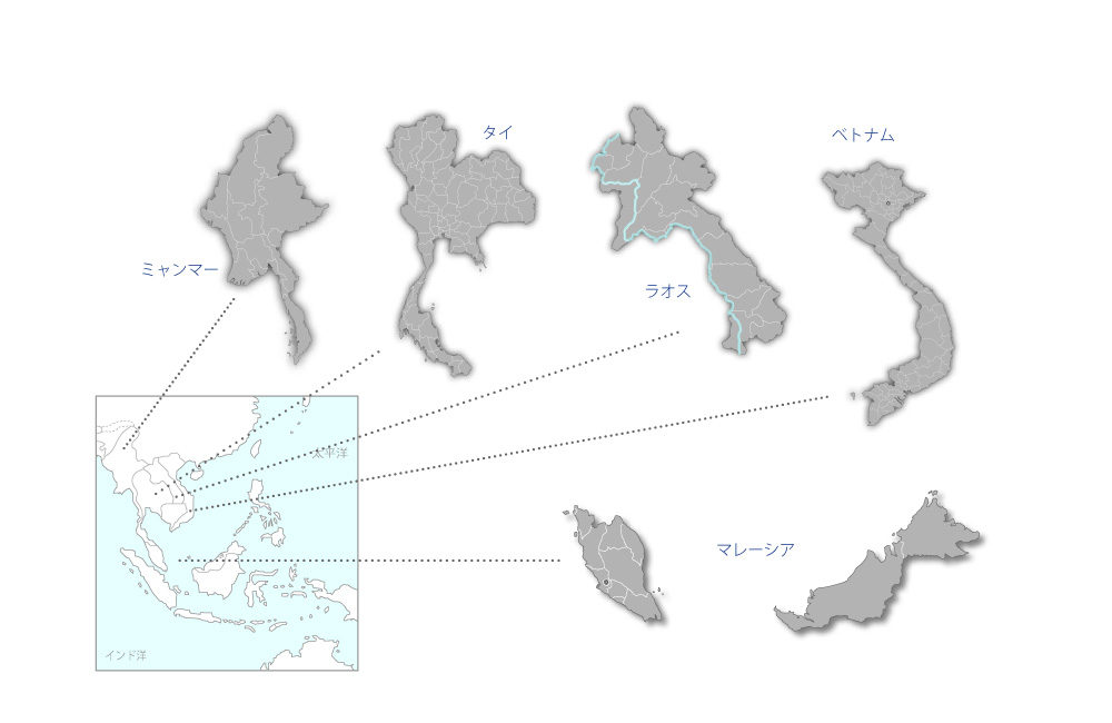タイ及び周辺国における家畜疾病防除計画プロジェクトの協力地域の地図