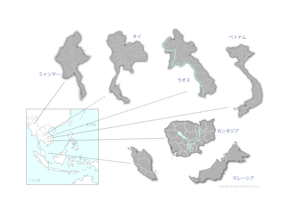 カンボジア、ラオス、マレーシア、ミャンマー、タイ、ベトナムにおける家畜疾病防除計画地域協力プロジェクト2の協力地域の地図