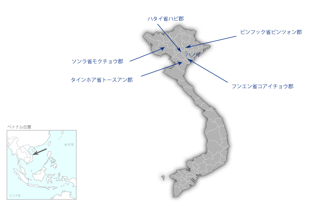 中小規模酪農生産技術改善計画プロジェクトの協力地域の地図