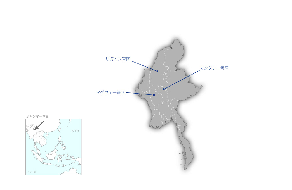 ミャンマー乾燥地共有林研修・普及計画プロジェクトの協力地域の地図