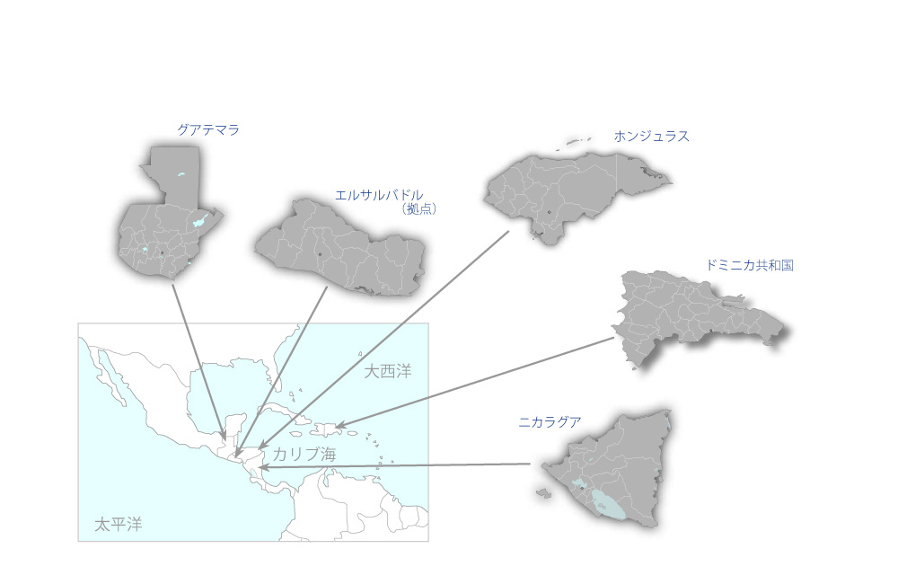 中米カリブ地域看護基礎・継続教育強化プロジェクトの協力地域の地図