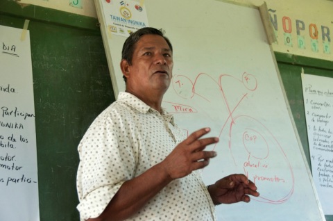 研修に集まった人々を前に、農民プロモーターとしての体験を語る農民男性。（Sumbila、Puerto Cabezas、RAAN 2010年9月10日）
