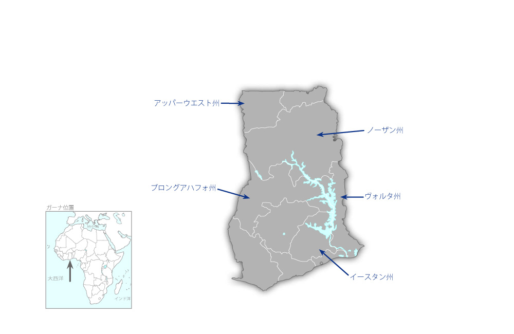 ギニアウォーム撲滅支援プロジェクトの協力地域の地図
