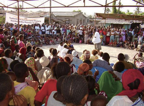コミュニティにおけるマラリア対策のための環境マネジメント。排水溝へのゴミのポイ捨てをやめ、コミュニティをあげて蚊が発生しにくい環境をつくるための啓発活動（ムトニ地区における町内会全体集会）の様子。