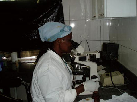 アクリジン・オレンジ染色（AO）法マラリア診断の実践アルーシャ地域病院であるメルー病院では、10年ほど前に供与された顕微鏡を現在でも使用している。
