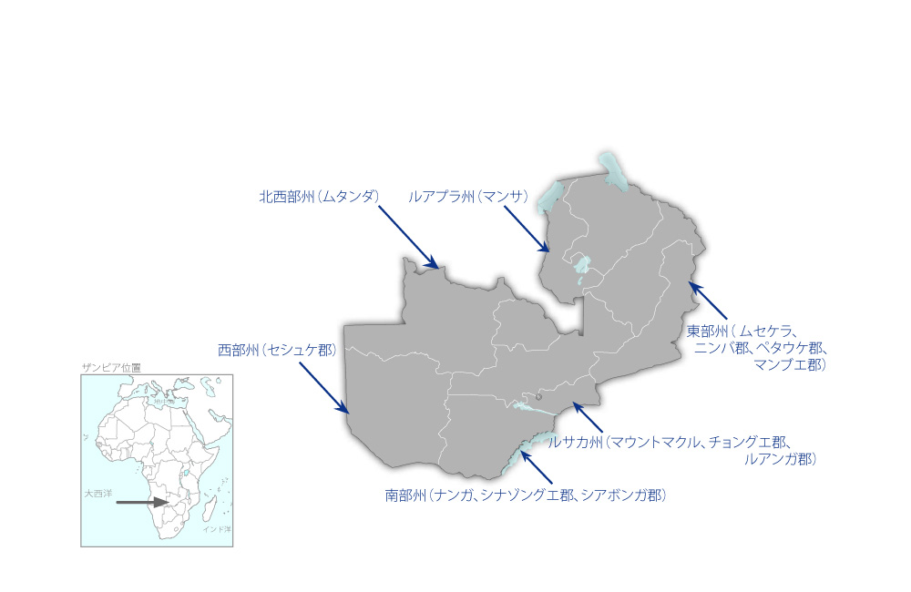 食糧安全保障向上のための食用作物多様化支援プロジェクトの協力地域の地図