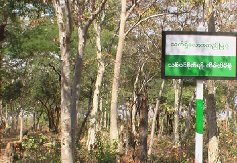 2011年に立てられた環境教育用の看板。「生態系の保全のために森林を管理しましょう」と書かれている。