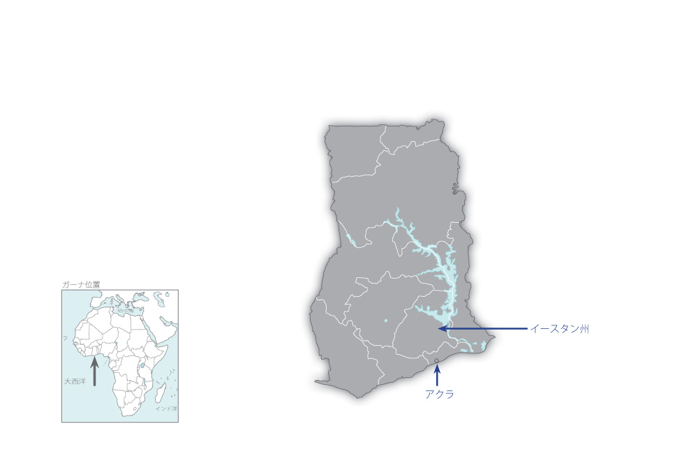 ガーナ由来薬用植物による抗ウイルス及び抗寄生虫活性候補物質の研究プロジェクトの協力地域の地図
