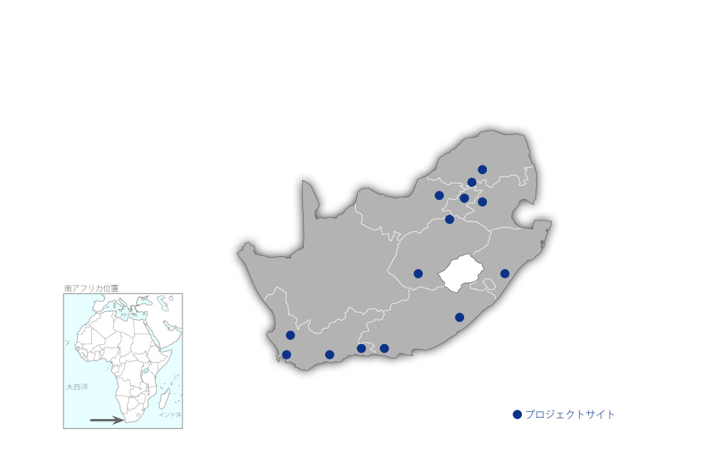 南アフリカ柔道連盟柔道器材整備計画の協力地域の地図