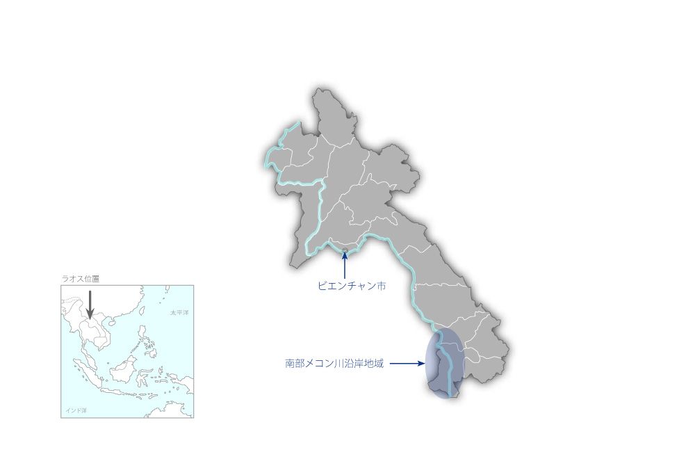 南部メコン川沿岸地域参加型灌漑農業振興プロジェクトの協力地域の地図