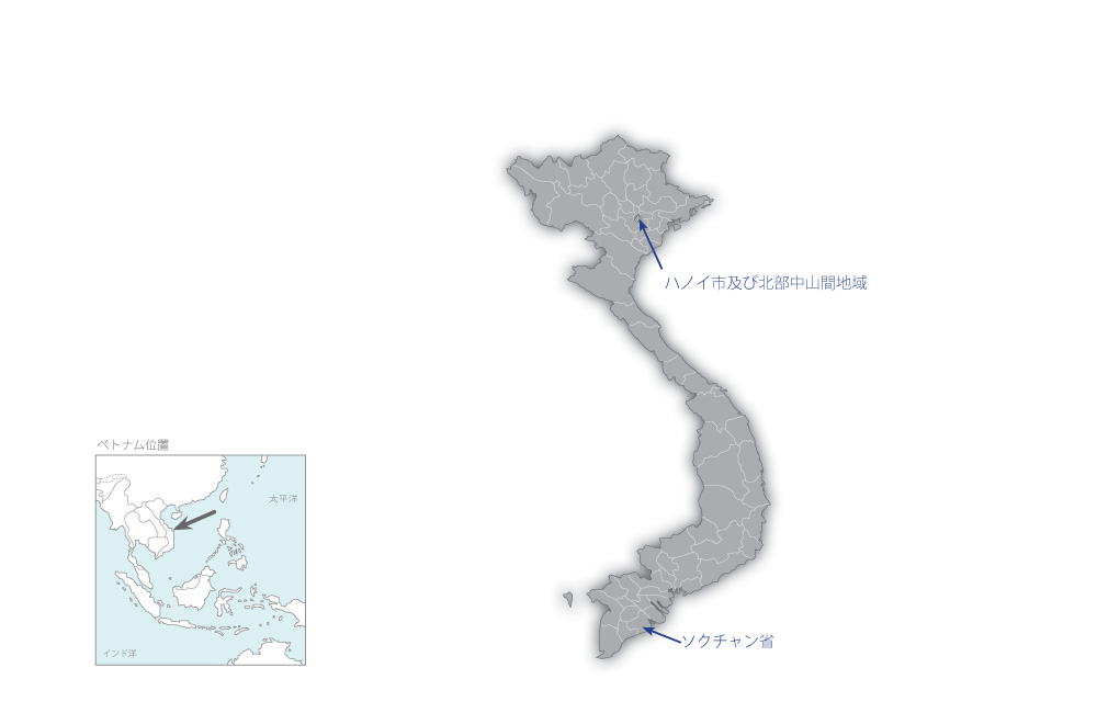 ベトナム北部中山間地域に適応した作物品種開発プロジェクトの協力地域の地図