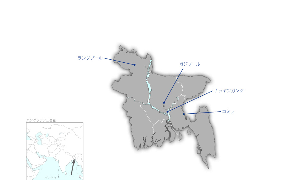 バングラデシュ国中核都市包括的開発機能強化プロジェクトの協力地域の地図