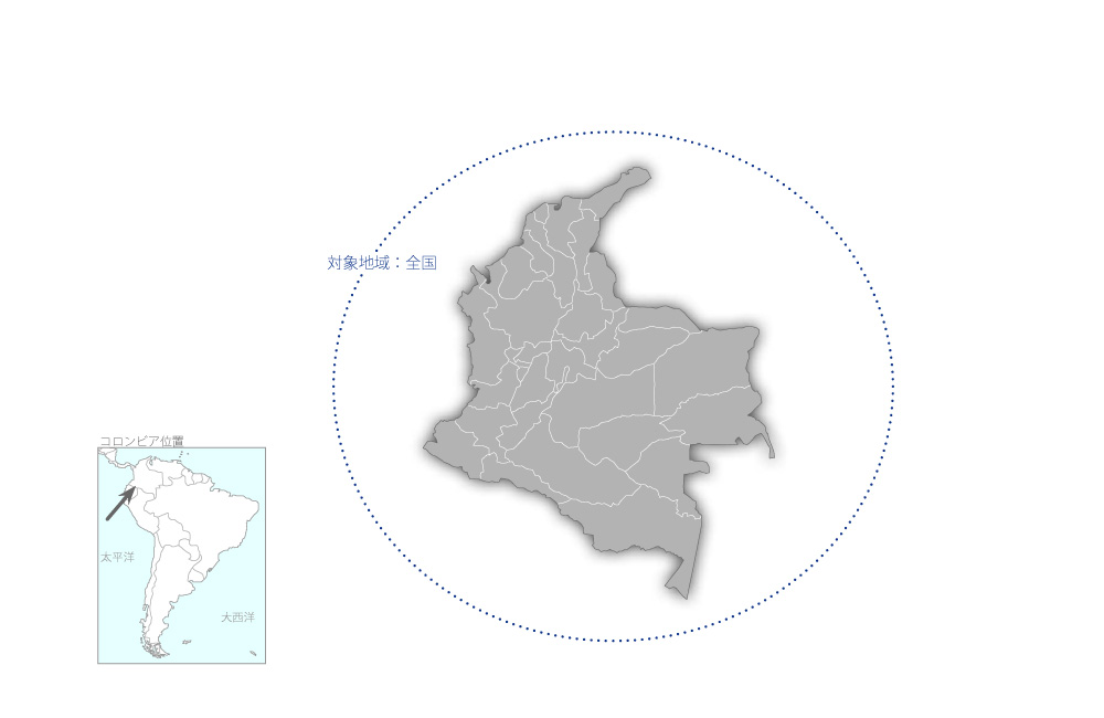 一村一品（OVOP）コロンビア推進プロジェクトの協力地域の地図