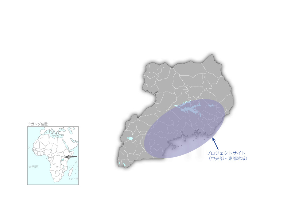 ウガンダ中央部・東部地域灌漑地区開発計画プロジェクトの協力地域の地図