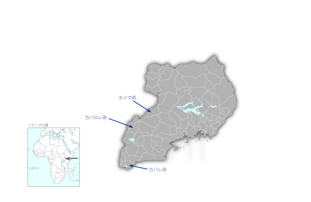 西部ウガンダ地域医療施設改善計画の協力地域の地図