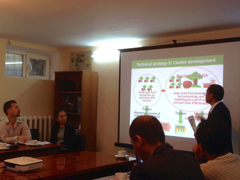 キルギス農業セクターのドナー会議に参加し、プロジェクトの概要を説明する芹沢総括（右端）。プロジェクトは他の援助機関との情報交換や協議を通じ、連携体制を築こうとしている。