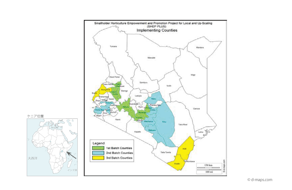 地方分権下における小規模園芸農民組織強化・振興プロジェクト（SHEP PLUS）の協力地域の地図