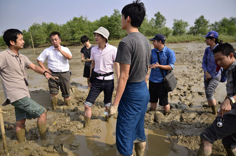 東京大学とヤンゴン工科大学によるヤンゴン川での潮汐調査（2016年2月）。干潮時に水位計を設置し、潮位差を観測。