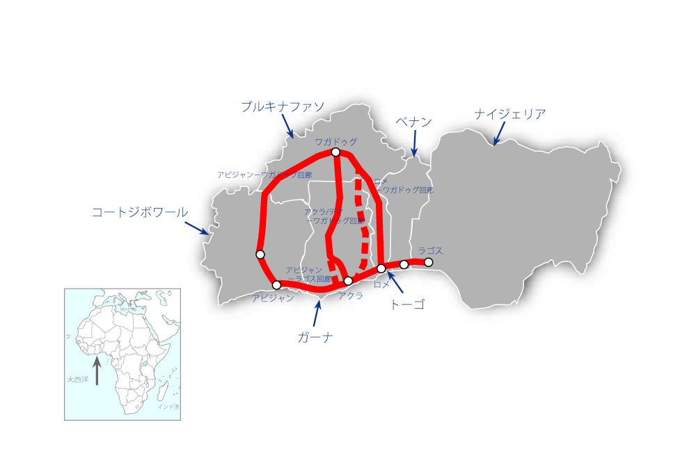 西アフリカ成長リング回廊整備戦略的マスタープラン策定プロジェクトの協力地域の地図