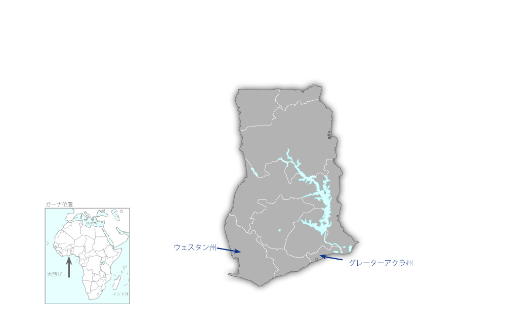 ガーナにおける感染症サーベイランス体制強化とコレラ菌・HIV等の腸管粘膜感染防御に関する研究の協力地域の地図