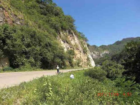 直高60メートル程度の急崖。国道に近接し、谷川にも河川が迫る。縦方向に亀裂が進行している。