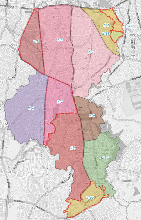 図－1：　アディスアベバ市Kirkosブロック内の11（K-1ブロックには小ブロックを設置）のブロック