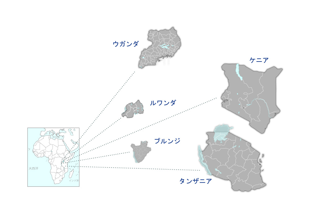 東部アフリカ地域における貿易円滑化及び国境管理能力向上プロジェクトの協力地域の地図