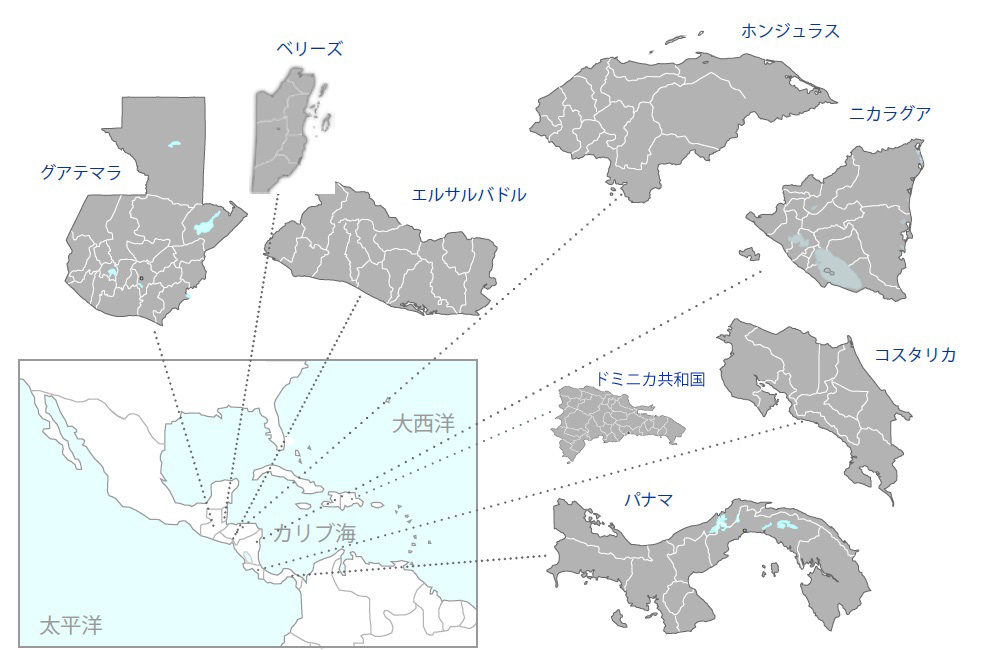 SICA地域における生物多様性の統合的管理と保全に関する能力強化プロジェクトの協力地域の地図